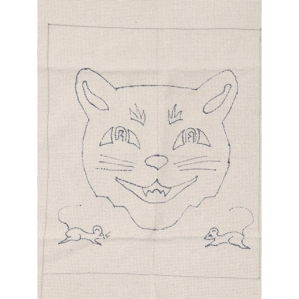 Vintage Rug Hooking Pattern Halloween Cat And Mouse Artist Drawn On Rug Warp